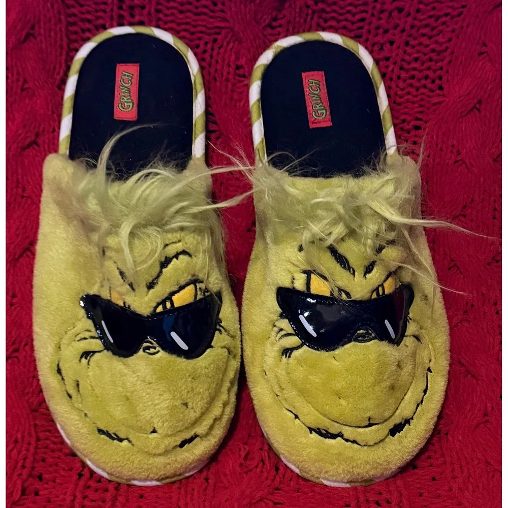 Dr. Seuss The Grinch Sunglasses Plush Slippers Mens 9-10 Green Novelty Shoes
